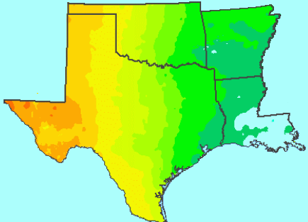 From west to east, annual rainfall totals increase to as high as 70 inches in extreme eastern Louisiana.