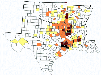 The darker counties are where the higher concentrations of credible reported encounters have occurred.